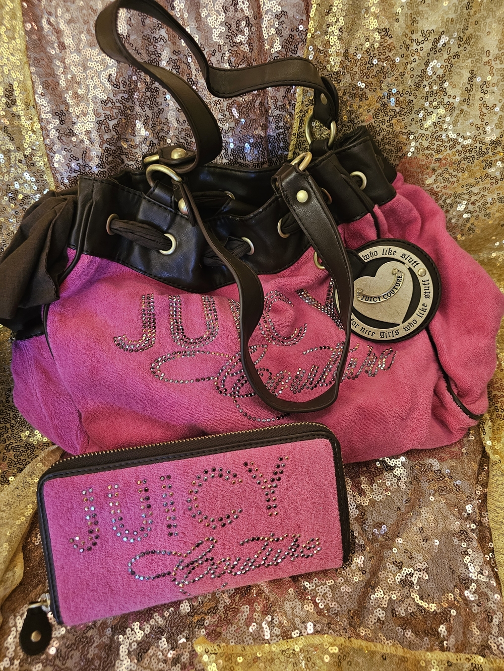 Juicy Couture Hot Pink Suede Tote with Dark Brown Trim and Matching Wallet